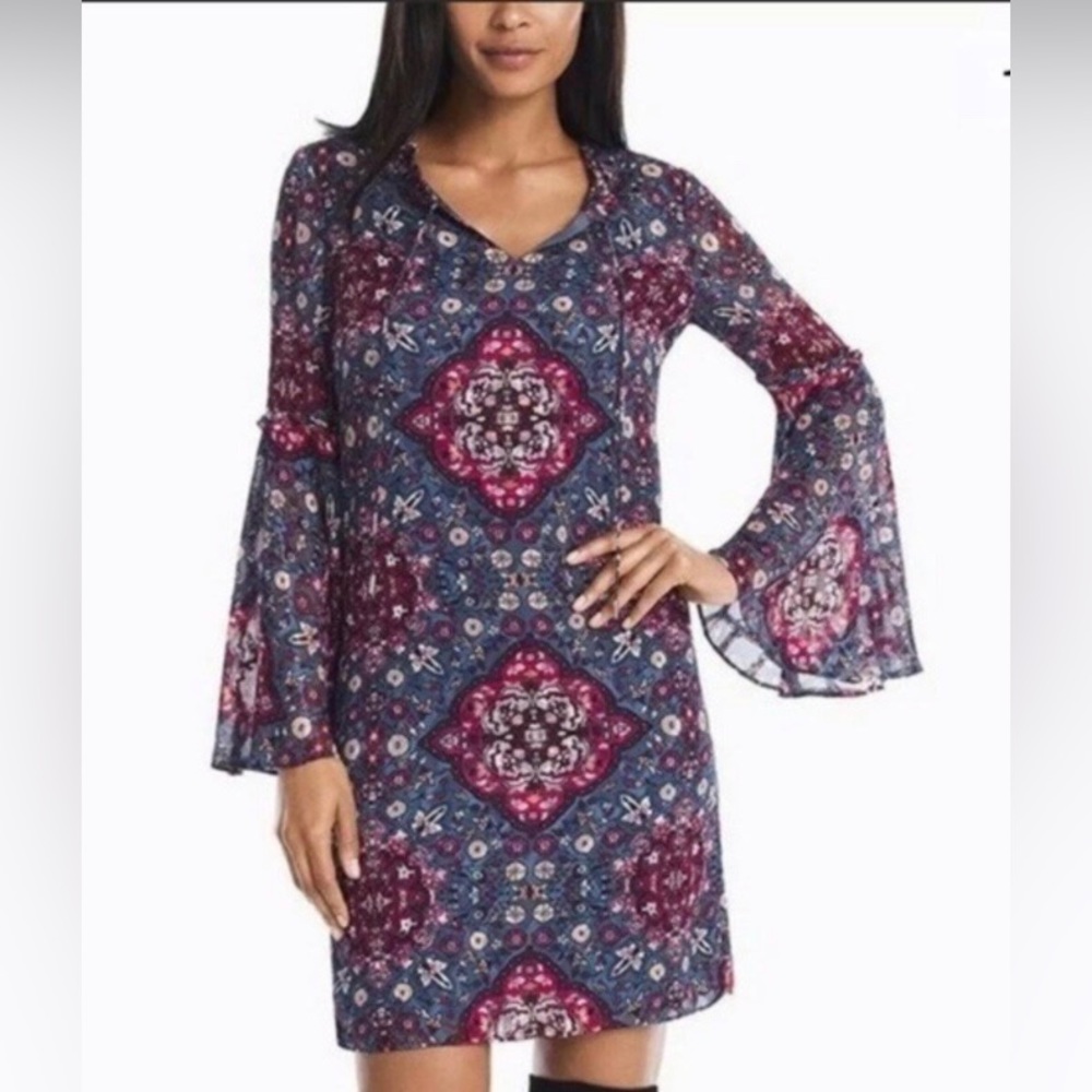 White House Black Market Medallion Pink Blue Dress Sheer Bell Sleeves Size XS